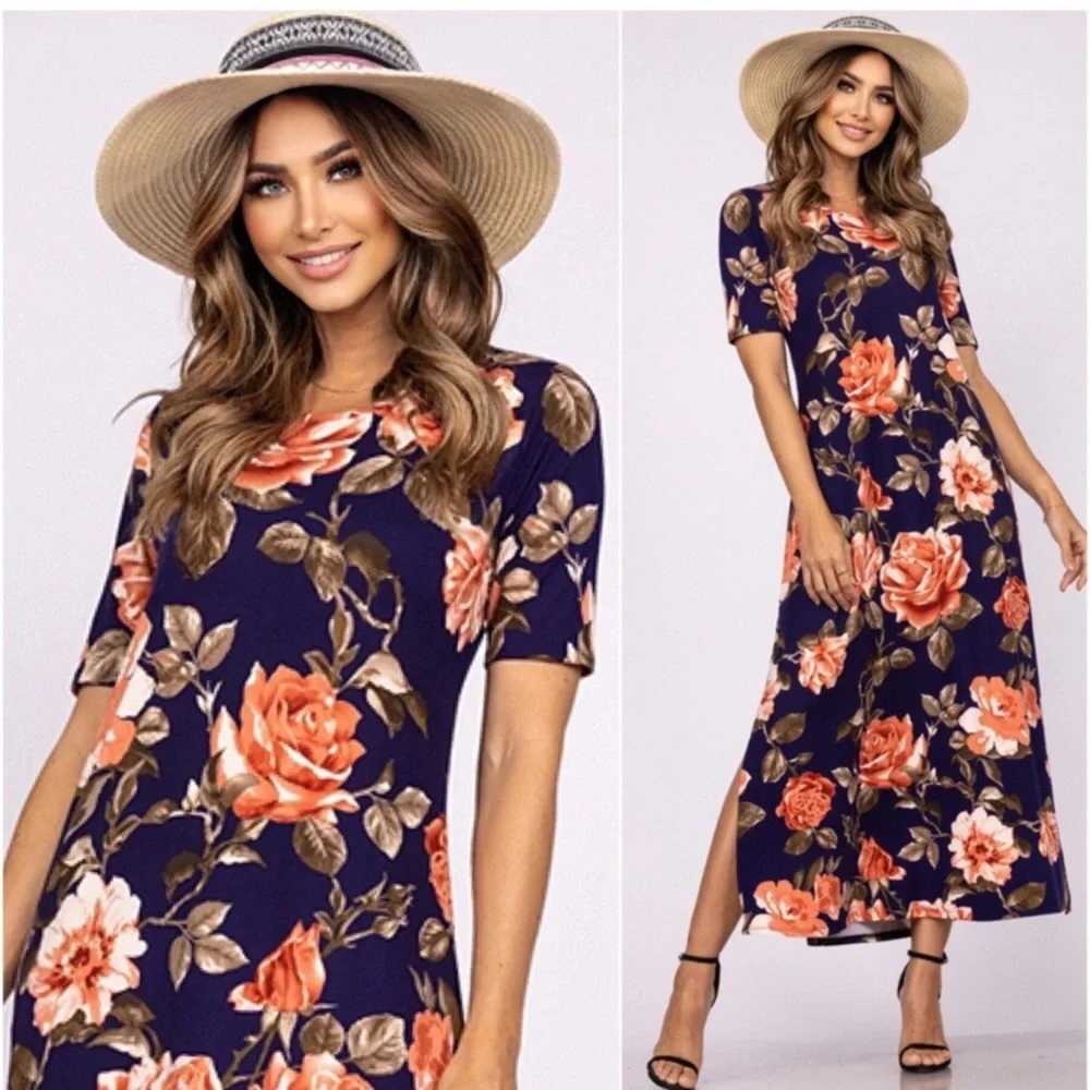 Navy buttery super soft women’s short sleeved maxi dress - Picture 1 of 4